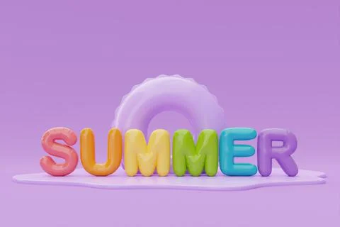 Summer time concept with inflatable ring and colorful balloon text of summer  Illustrazione stock