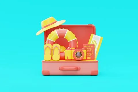 Summer time concept. Opened suitcase with beach elements, inflatable ring, .. Stock Photos