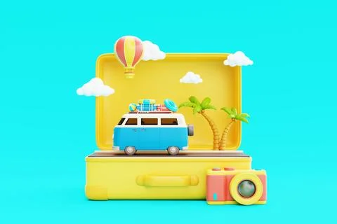 Summer time concept. Opened suitcase with van, beach elements,coconut palm,.. Stock Photos