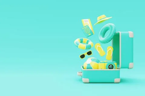 Summer time concept. Opened suitcase with beach elements, inflatable ring, .. Stock Photos