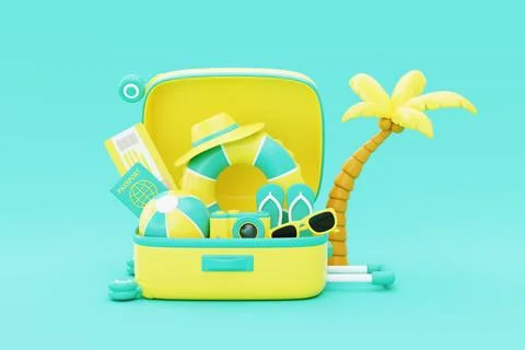 Summer time concept. Opened suitcase with beach elements, inflatable ring, .. Stock Photos