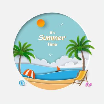Summer time concept on paper cut out round frame,view of blue sea with beach, Stock Illustration