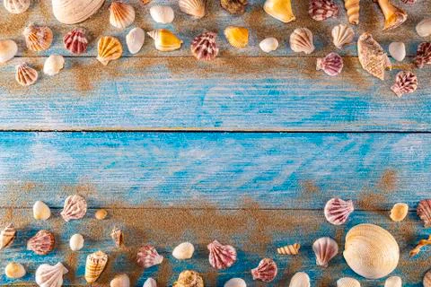 Summer time concept with sea shells on a blue wooden background and sand 스톡 사진