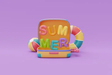 Summer time concept with suitcase and colorful summer beach elements on purpl 스톡 일러스트