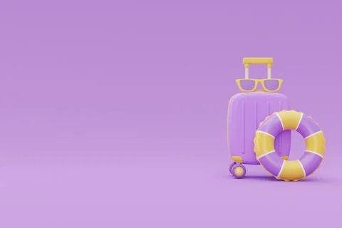 Summer time concept with suitcase and summer beach elements on purple backgro Illustrazione stock