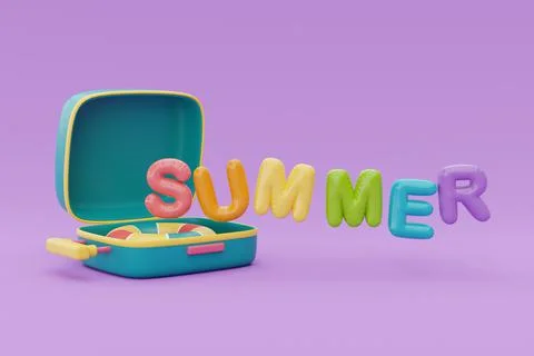 Summer time concept with suitcase and colorful summer beach elements on purpl Stock Illustration