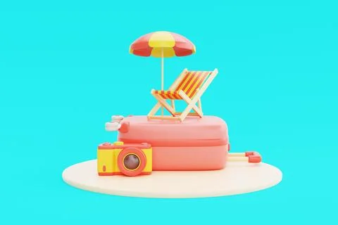 Summer time concept. Suitcase with beach elements, beach chair, umbrella, a.. Foto stock