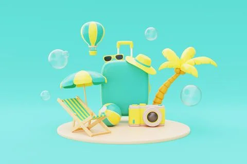 Summer time concept with suitcase, beach chair, umbrella, coconut palm, cam.. Stock Photos