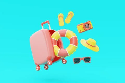 Summer time concept. Suitcase floating with beach elements, inflatable ring.. Foto stock