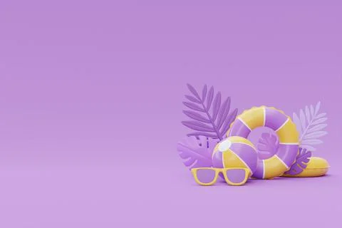 Summer time concept with summer beach elements and palm leaves on purple back Stock Illustration