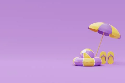 Summer time concept with summer beach elements on purple background, 3d rende Stock Illustration