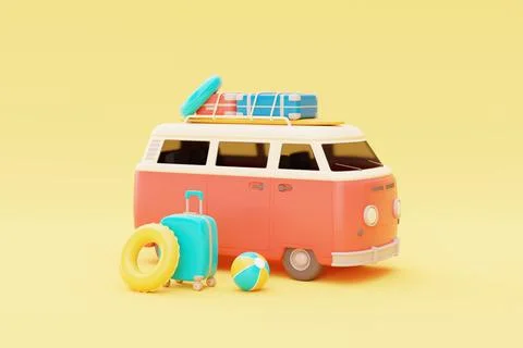 Summer time concept with van and beach elements, inflatable ring, ball, sur.. Stockfoto's