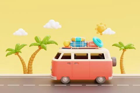 Summer time concept with van and beach elements, inflatable ring, ball, sur.. Stock Photos