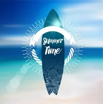 Summer Time Design with Surf Board and Blur Beach Background. Stock Illustration