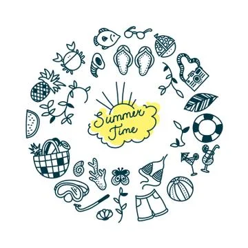 Summer time doodle set. Water sports, relax and tropical holiday objects. Vector Stock Illustration