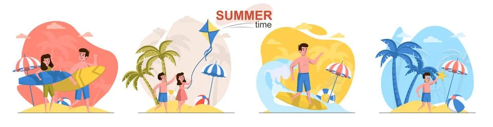 Summer time flat design concept scenes set Stock Illustration