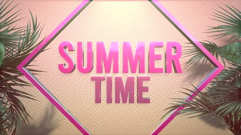 Summer Time in frame and tropical leaf on pink texture Stock Footage 196848940