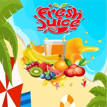 Summer time Fruit Juice Summer beach illustration vector Design. Stock Illustration