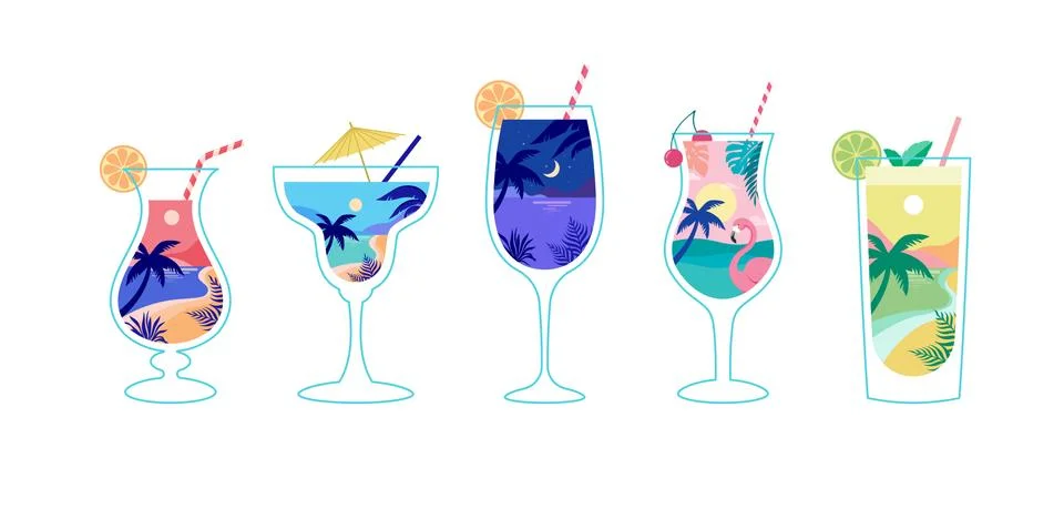 Summer time fun concept design with cocktails. Creative background of landscape Stock Illustration