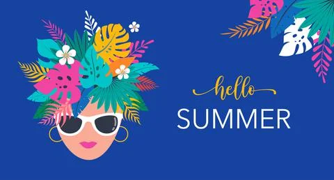 Summer time fun concept design. Creative background woman's head, jungle leaves Stock Illustration