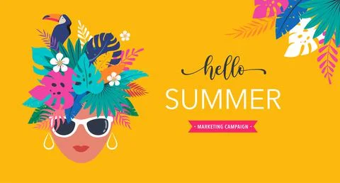 Summer time fun concept design. Creative background woman's head, jungle leaves Stock Illustration
