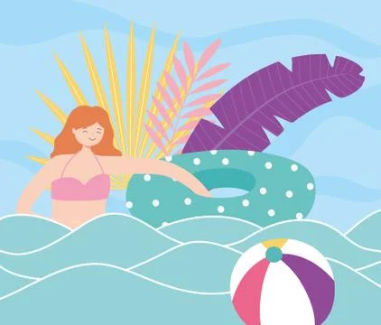 Summer time girl with float in sea with ball beach vacation tourism Stock Illustration