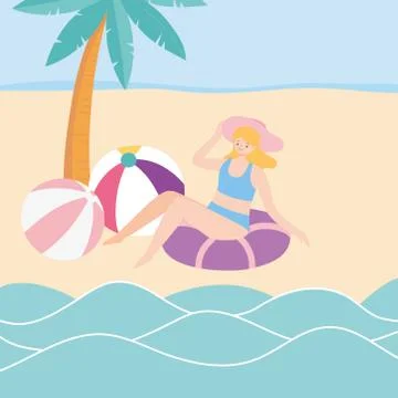 Summer time girl with hat float and balls in beach vacation tourist Stock Illustration
