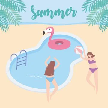 Summer time girls with float and ball in pool vacation tourism Illustrazione stock