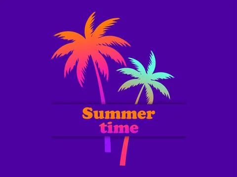 Summer time. Gradient palm trees silhouette. Two palm trees in 80s style on a Stock Illustration