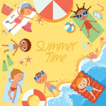 Summer time. Group of children sunbathing on the beach. Top view. Flat style Stock Illustration