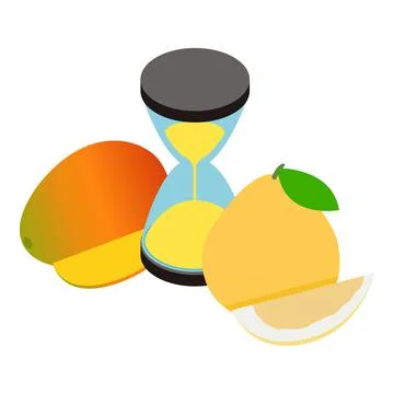 Summer time icon isometric vector. Hourglass fresh ripe mango and pomelo fruit Stock Illustration