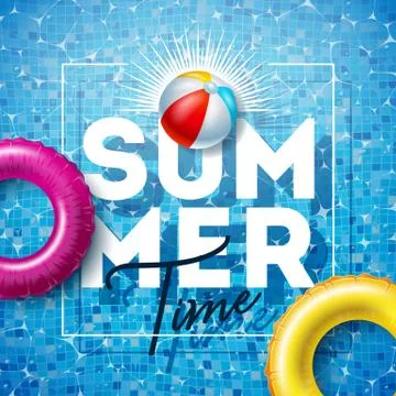 Summer Time Illustration with Float and Beach Ball on Water in the Tiled Pool Stock Illustration