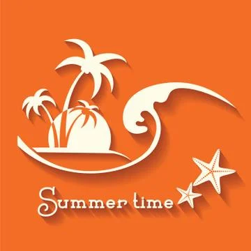 Summer time image with sea wave and tropical palm trees Stock Illustration