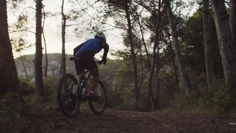 Summer Time Mountain Biking Young Biker in a Forest in Slow Motion Stock Footage 260260361