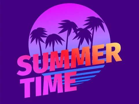 Summer time. Palm trees against a gradient sun in the style of the 80s Stock Illustration