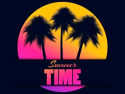 Summer time, palm trees on the background of the sun. Gradient yellow and pur Illustrazione stock