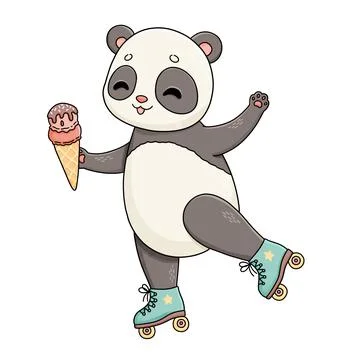 Summer time panda on blue rollers with ice cream Stock Illustration