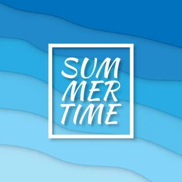 Summer time. Paper cut style blue sea summer background with frame. Vector il Stock Illustration