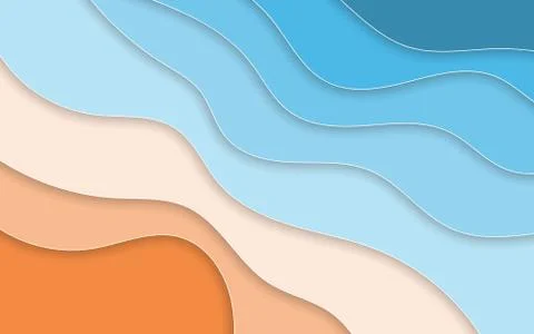 Summer time. Paper cut style blue sea and beach summer background with frame. Stock Illustration
