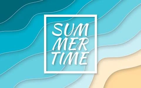 Summer time. Paper cut style blue sea and beach summer background with frame. Stock Illustration