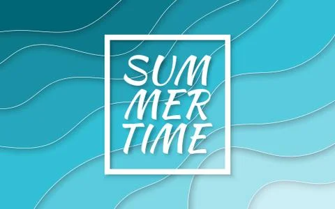 Summer time. Paper cut style blue sea summer background with frame. Vector il Stock Illustration