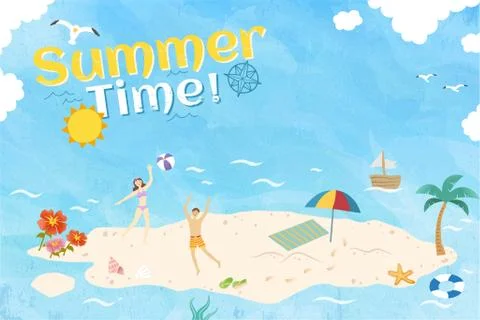 Summer time playing at the beach 스톡 일러스트