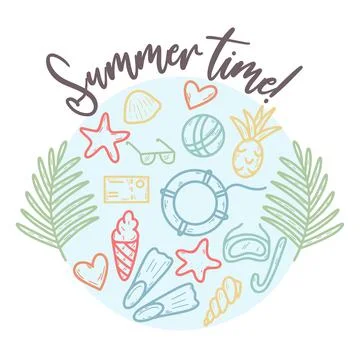 Summer time postcard doodle style Stock Illustration