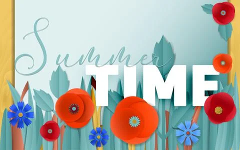 Summer time poster by cut paper flowers Stock Illustration