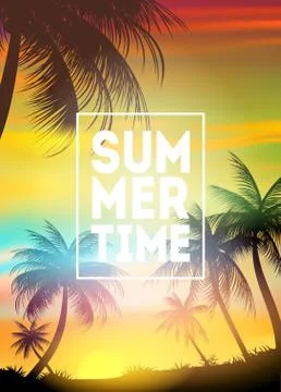 Summer Time poster. Text with frame on palm trees and the sunset Stock Illustration