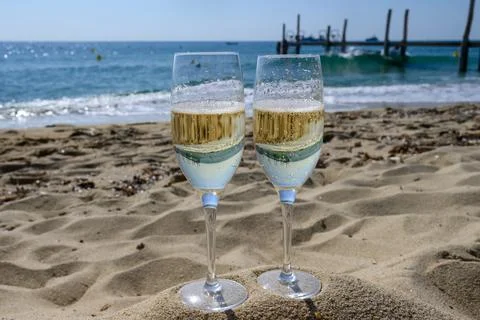 Summer time in Provence, two glasses of cold champagne cremant sparkling wi.. Stock Photos