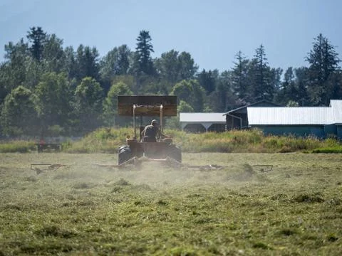 Summer time scene of a farmer working his field on an old tractor Stock Photos