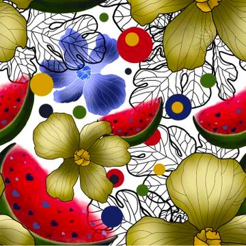 Summer time seamless pattern with juicy watermelon and flowers Stock Illustration