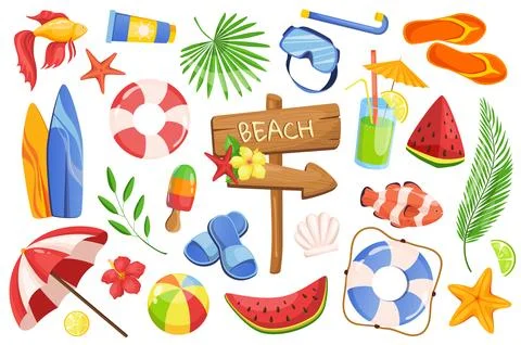 Summer time set graphic elements in flat design. Bundle of beach pointer, tro Stock Illustration
