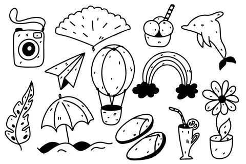 Summer time set. Hand drawn doodle style. Vector illustration isolated on whi Stock Illustration